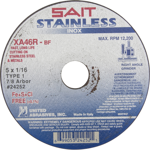 Cut-Off Wheel Contaminant-Free ZA46R, 15" x 1/16", 7/8" Arbor, Type 1, Aluminum Oxide, 12200 RPM Southpoint Industrial Supply