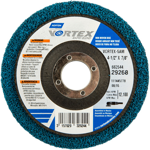 Vortex Non-Woven Disc, 4-1/2" Dia. x 1/2" W, 7/8" Arbor, Aluminum Oxide Southpoint Industrial Supply