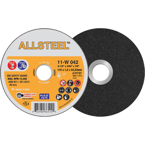 AllSteel Cut-Off Wheel, 4-1/2" x 3/64", 7/8" Arbor, Type 1, Aluminum Oxide, 13300 RPM Southpoint Industrial Supply