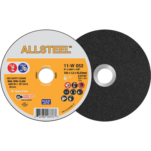 AllSteel Cut-Off Wheel, 5" x 3/64", 7/8" Arbor, Type 1, Aluminum Oxide, 12250 RPM Southpoint Industrial Supply