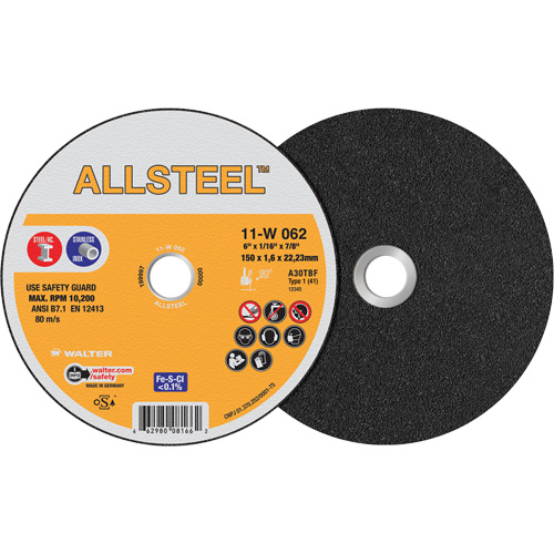 AllSteel Cut-Off Wheel, 6" x 1/16", 7/8" Arbor, Type 1, Aluminum Oxide, 10200 RPM Southpoint Industrial Supply