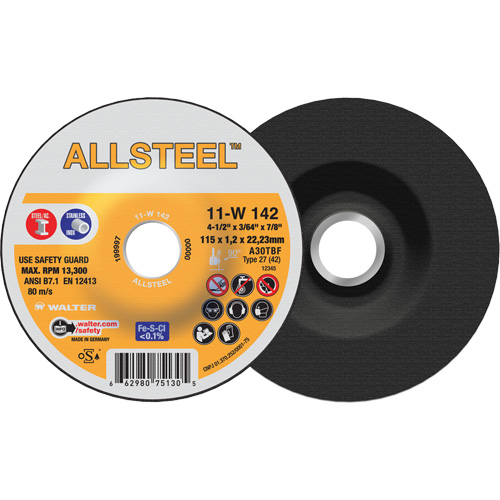 AllSteel Cut-Off Wheel, 4-1/2" x 3/64", 7/8" Arbor, Type 27, Aluminum Oxide, 13300 RPM Southpoint Industrial Supply