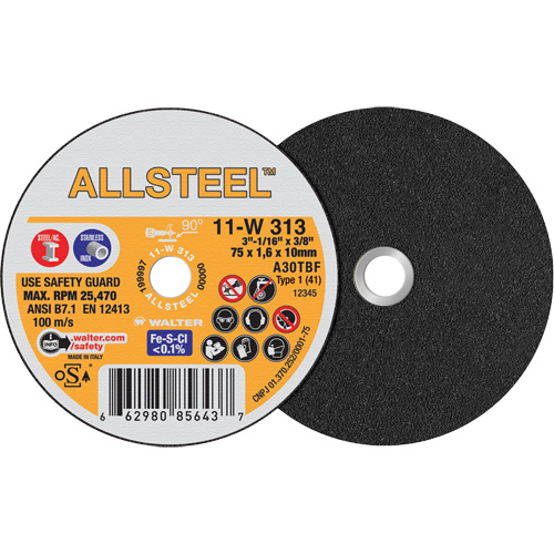 AllSteel Mini Cut-Off Wheel, 3" x 1/16", 3/8" Arbor, Type 1, Aluminum Oxide, 25470 RPM Southpoint Industrial Supply