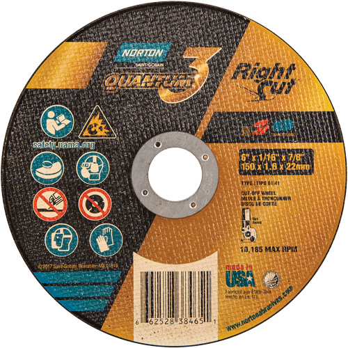 Quantum3 RightCut Cut-Off Wheel, 6" x 1/16", 7/8" Arbor, Type 01/41, Aluminum Oxide, 10185 RPM Southpoint Industrial Supply