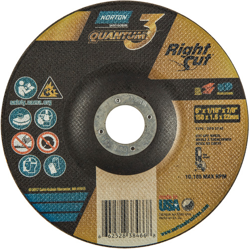 Quantum3 RightCut Cut-Off Wheel, 6" x 1/16", 7/8" Arbor, Type 27/42, Aluminum Oxide, 10185 RPM Southpoint Industrial Supply