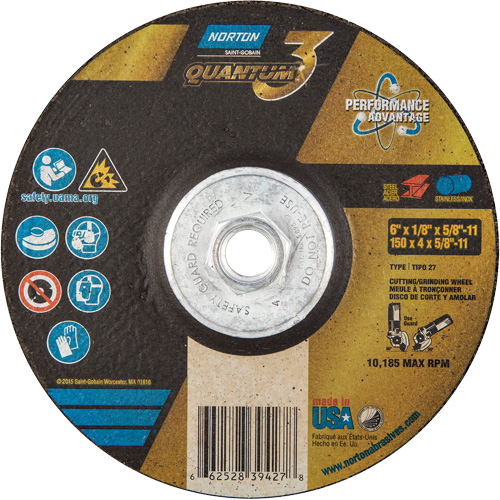 Quantum3 Grinding & Cutting Wheel, 6" x 1/8", 5/8"-11 Arbor, Type 27, 24 Grit, Ceramic Alumina Southpoint Industrial Supply