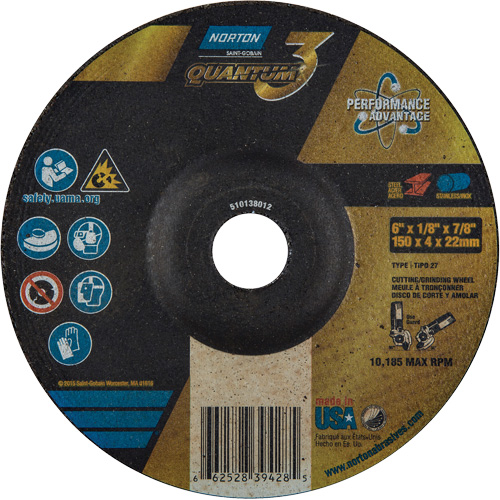 Quantum3 Grinding & Cutting Wheel, 6" x 1/8", 7/8" Arbor, Type 27, 24 Grit, Ceramic Alumina Southpoint Industrial Supply