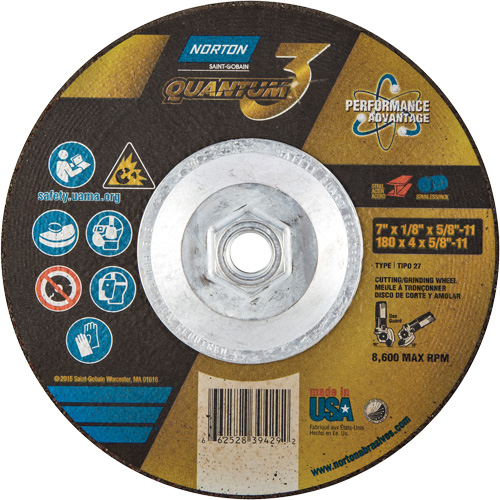 Disque de rectification et de tronçonnage Quantum3, 7" x 1/8", Arbre de 5/8"-11, Type 27, Grain de 24, C&eacute;ramique d'alumine Southpoint Industrial Supply