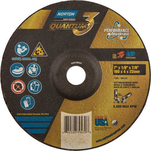 Quantum3 Grinding & Cutting Wheel, 7" x 1/8", 7/8" Arbor, Type 27, 24 Grit, Ceramic Alumina Southpoint Industrial Supply
