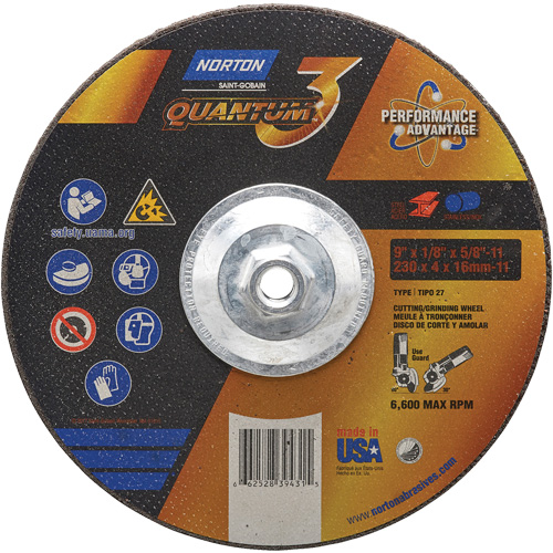 Disque de rectification et de tronçonnage Quantum3, 9" x 1/8", Arbre de 5/8"-11, Type 27, Grain de 24, C&eacute;ramique d'alumine Southpoint Industrial Supply