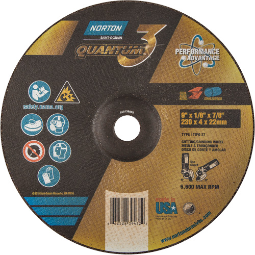 Disque de rectification et de tronçonnage Quantum3, 9" x 1/8", Arbre de 7/8", Type 27, Grain de 24, C&eacute;ramique d'alumine Southpoint Industrial Supply