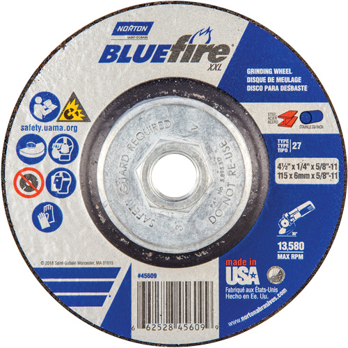 Meule XXL BlueFire, 4-1/2" x 1/4", Arbre 5/8", C&eacute;ramique d'alumine, Type 27 Southpoint Industrial Supply