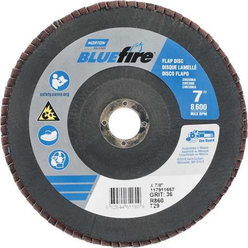 Disque &agrave; lamelle conique centr&eacute; BlueFire R884P/R884V/R860, 7" x 7/8", Type 29, Grain P36, Alumine de zirconium Southpoint Industrial Supply