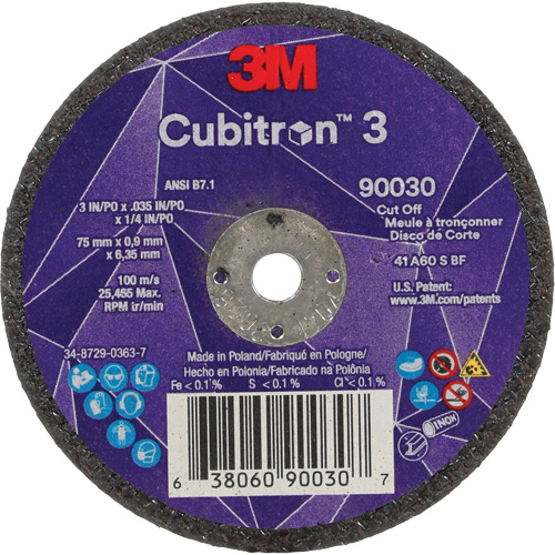 Meule &agrave; tronçonner Cubitron 3, 3" x 0,035", Arbre de 1/4", Type T1, C&eacute;ramique, 21000 Tr/min Southpoint Industrial Supply