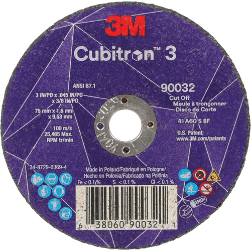 Cubitron 3 Cut-Off Wheel, 3" x 0.045", 3/8" Arbor, Type T1, Ceramic, 21000 RPM Southpoint Industrial Supply