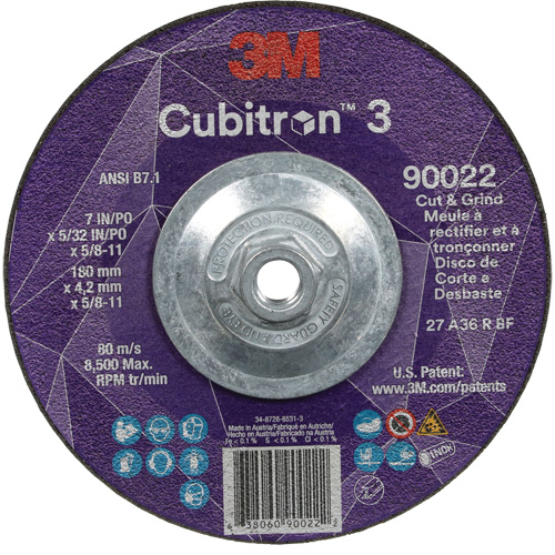 Cubitron 3 Cut and Grind Wheel, 7" x 5/32", 5/8"-11 Arbor, Type 27, 36 Grit, Ceramic Southpoint Industrial Supply