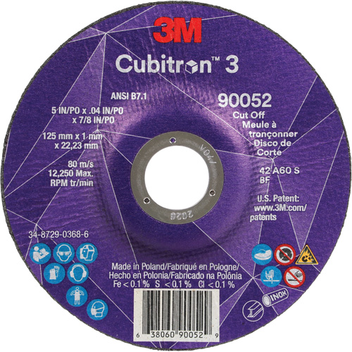 Cubitron 3 Cut-Off Wheel, 5" x 0.04", 7/8" Arbor, Type 27, Ceramic, 60 RPM Southpoint Industrial Supply