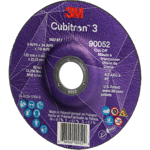 Cubitron 3 Cut-Off Wheel, 5" x 0.04", 7/8" Arbor, Type 27, Ceramic, 60 RPM Southpoint Industrial Supply