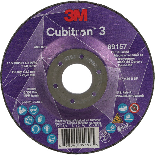 Meule &agrave; rectifier et &agrave; tronçonner Cubitron 3, 4-1/2" x 1/8", Arbre de 7/8", Type 27, Grain de 36, C&eacute;ramique Southpoint Industrial Supply