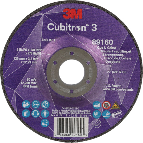 Meule &agrave; rectifier et &agrave; tronçonner Cubitron 3, 5" x 1/8", Arbre de 7/8", Type 27, Grain de 36, C&eacute;ramique Southpoint Industrial Supply