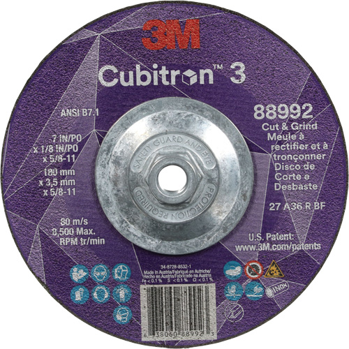 Meule &agrave; rectifier et &agrave; tronçonner Cubitron 3, 7" x 1/8", Arbre de 5/8"-11, Type 27, Grain de 36, C&eacute;ramique Southpoint Industrial Supply