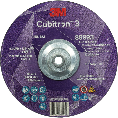 Meule &agrave; rectifier et &agrave; tronçonner Cubitron 3, 9" x 1/8", Arbre de 5/8"-11, Type 27, Grain de 36, C&eacute;ramique Southpoint Industrial Supply
