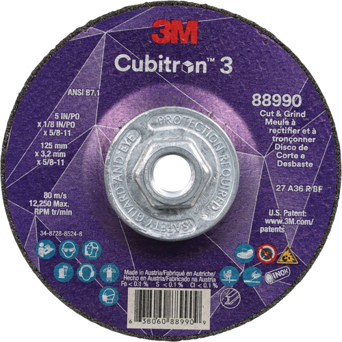 Meule &agrave; rectifier et &agrave; tronçonner Cubitron 3, 5" x 1/8", Arbre de 5/8"-11, Type 27, Grain de 36, C&eacute;ramique Southpoint Industrial Supply