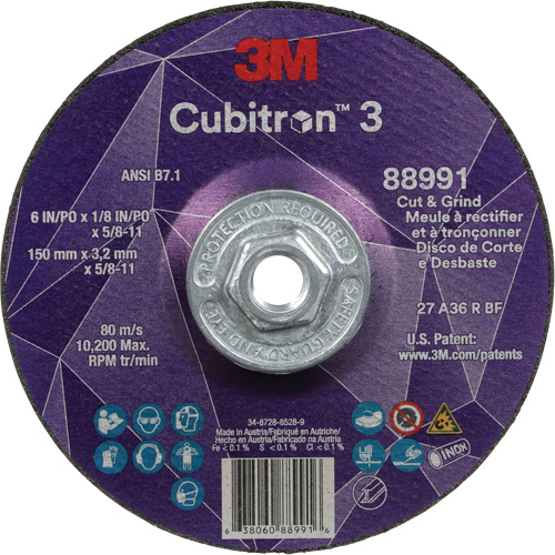 Cubitron 3 Cut and Grind Wheel, 6" x 1/8", 5/8"-11 Arbor, Type 27, 36 Grit, Ceramic Southpoint Industrial Supply