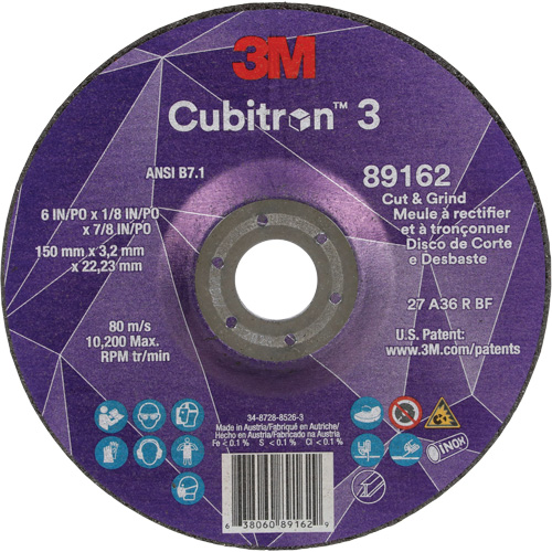 Meule &agrave; rectifier et &agrave; tronçonner Cubitron 3, 6" x 1/8", Arbre de 7/8", Type 27, Grain de 36, C&eacute;ramique Southpoint Industrial Supply