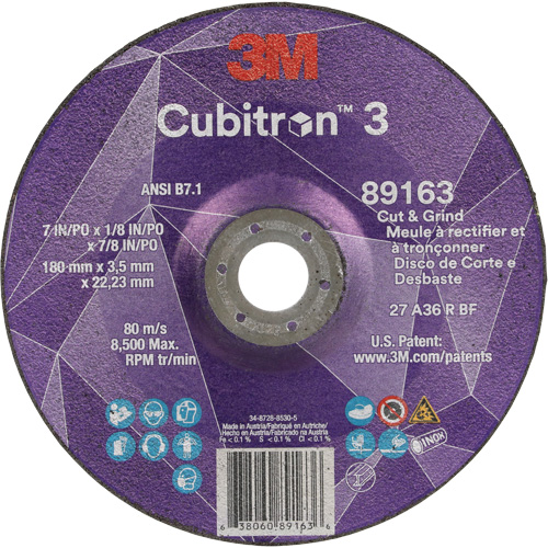 Cubitron 3 Cut and Grind Wheel, 7" x 1/8", 7/8" Arbor, Type 27, 36 Grit, Ceramic Southpoint Industrial Supply