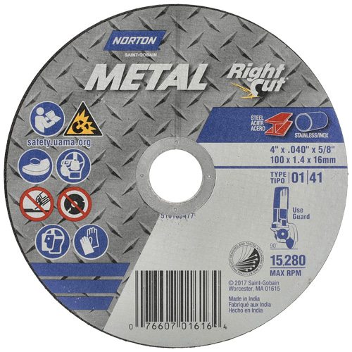 Meule &agrave; tronçonner m&eacute;tallique pour coupe &agrave; angle droit RightCut, 4-1/2" x 0,04", Arbre de 7/8", Type 01/41, Oxyde d'aluminium, 13580 Tr/min Southpoint Industrial Supply
