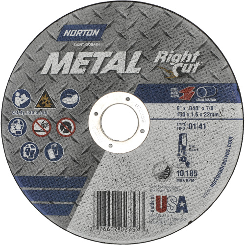 Metal RightCut Right Angle Cut-Off Wheel, 6" x 0.04", 7/8" Arbor, Type 01/41, Aluminum Oxide, 10185 RPM Southpoint Industrial Supply