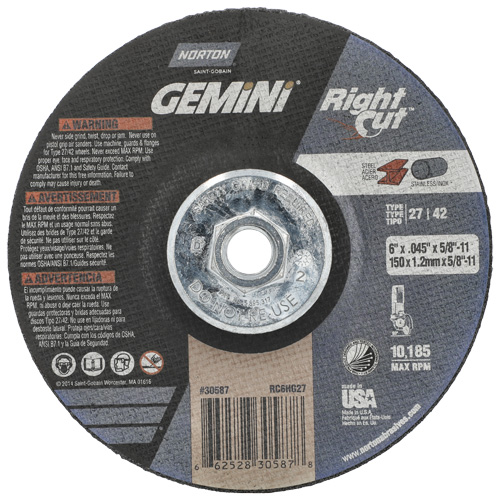 Gemini RightCut Right Angle Cut-Off Wheel, 6" x 0.045", 5/8"-11 Arbor, Type 27/42, Aluminum Oxide, 10185 RPM Southpoint Industrial Supply