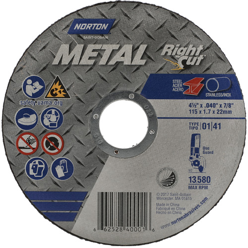 Metal RightCut Right Angle Cut-Off Wheel, 4-1/2" x 0.045", 7/8" Arbor, Type 01/41, Aluminum Oxide, 13580 RPM Southpoint Industrial Supply