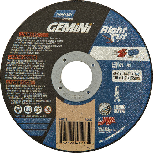 Gemini RightCut Right Angle Cut-Off Wheel, 4-1/2" x 0.045", 7/8" Arbor, Type 01/41, Aluminum Oxide, 13580 RPM Southpoint Industrial Supply
