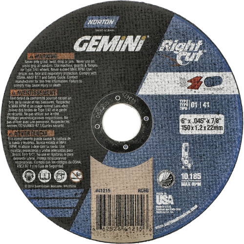 Gemini RightCut Right Angle Cut-Off Wheel, 6" x 0.045", 7/8" Arbor, Type 01/41, Aluminum Oxide, 10185 RPM Southpoint Industrial Supply