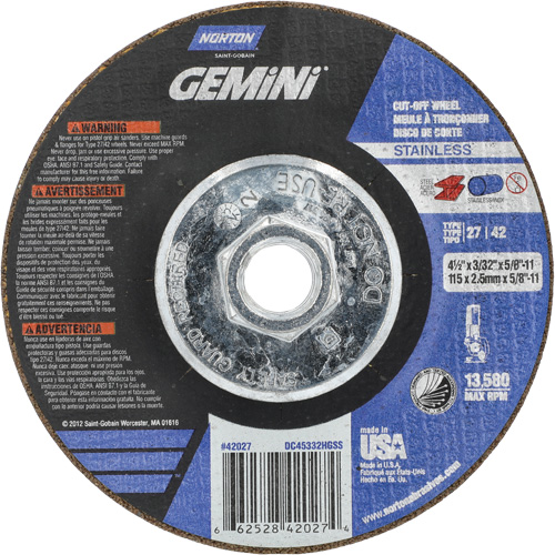 Gemini INOX/SS Right Angle Cut-Off Wheel, 4-1/2" x 3/32", 5/8"-11 Arbor, Type 27/42, Aluminum Oxide, 13580 RPM Southpoint Industrial Supply