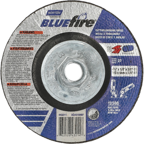 Disque de meulage et tronçonnage BlueFire, 4-1/2" x 1/8", Arbre de 5/8"-11, Type 27, Alumine de zirconium Southpoint Industrial Supply