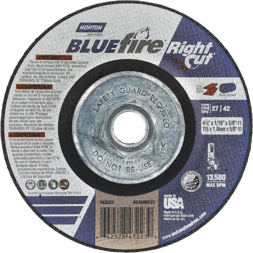 Meule &agrave; tronçonner pour coupe &agrave; angle droit RightCut BlueFire, 4-1/2" x 1/16", Arbre de 5/8"-11, Type 27/42, Oxyde d'aluminium, 13580 Tr/min Southpoint Industrial Supply