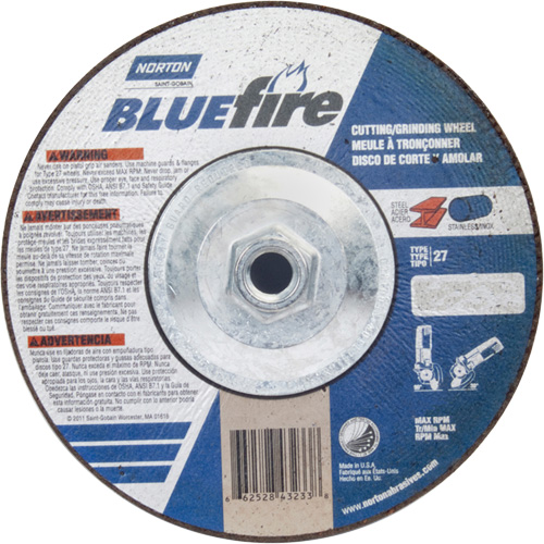 BlueFire Grinding & Cutting Wheel, 7" x 1/8", 5/8"-11 Arbor, Type 27, Zirconia Alumina Southpoint Industrial Supply