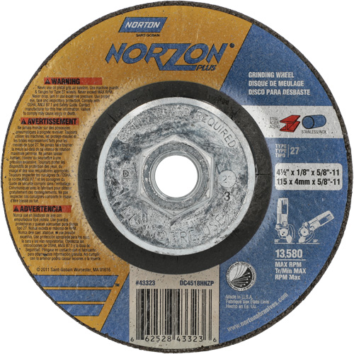 NorZon Plus SGZ CA Grinding & Cutting Wheel, 4-1/2" x 1/8", 5/8"-11 Arbor, Type 27, Ceramic Alumina Southpoint Industrial Supply