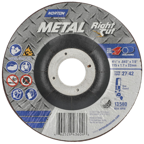 Metal RightCut Right Angle Cut-Off Wheel, 4-1/2" x 0.045", 7/8" Arbor, Type 27, Aluminum Oxide, 13580 RPM Southpoint Industrial Supply