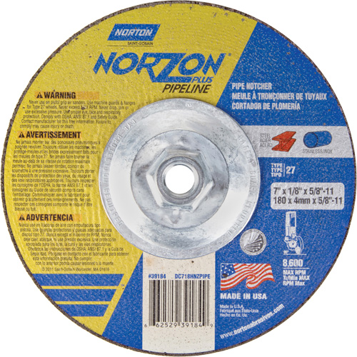 NorZon Plus SGZ Right Angle Cut-Off Wheel, 7" x 1/8", 5/8"-11 Arbor, Type 27/42, Ceramic Alumina, 8600 RPM Southpoint Industrial Supply