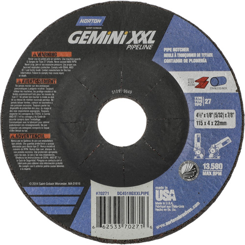 Gemini XXL Grinding & Cutting Wheel, 4-1/2" x 1/8", 7/8" Arbor, Type 27, Aluminum Oxide Southpoint Industrial Supply