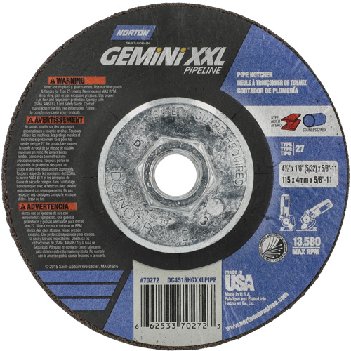 Gemini XXL Grinding & Cutting Wheel, 4-1/2" x 1/8", 5/8"-11 Arbor, Type 27, Aluminum Oxide Southpoint Industrial Supply
