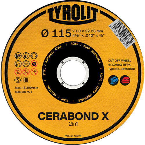CA60Q-BFPX CERABOND X Cut-Off Wheel, 4-1/2" x 0.039", 7/8" Arbor, Type 1 Southpoint Industrial Supply