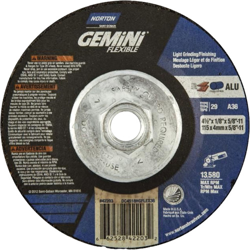Gemini Flexible A AO Grinding and Cutting Wheel, 4-1/2" x 1/8", 5/8"-11 Arbor, Type 29, Aluminum Oxide, 13580 RPM Southpoint Industrial Supply