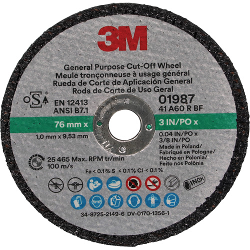 General Purpose Cut-Off Wheel, 01987, 3" x 0.04"/1/32", 3/8" Arbor, Aluminum Oxide Southpoint Industrial Supply