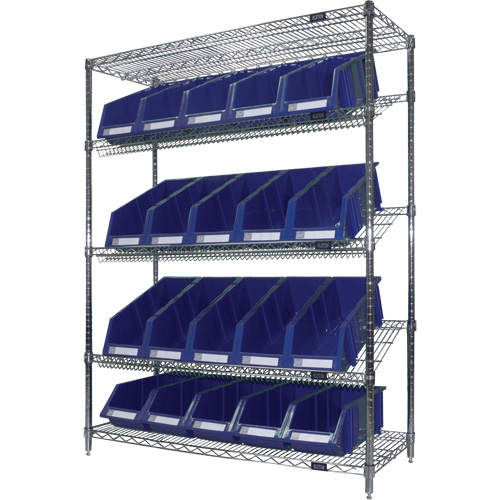 Slanted Wire Shelf with Bins, 5 Tiers, 48" W x 63" H x 18" D Southpoint Industrial Supply