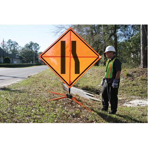 Tilt-Adjust Merge Left Roll-Up Construction Sign, 36" x 36", Vinyl, Pictogram Southpoint Industrial Supply